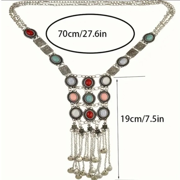 Silver Stone Chain Necklace Boho Tribal Hippie - Picture 5 of 5